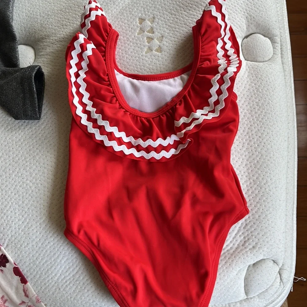 Janie and Jack Red One-Piece Swimsuit with White Trim